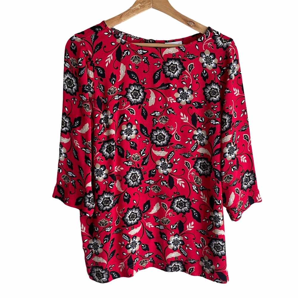 J. Jill Red Black Floral 3/4 Sleeve Top